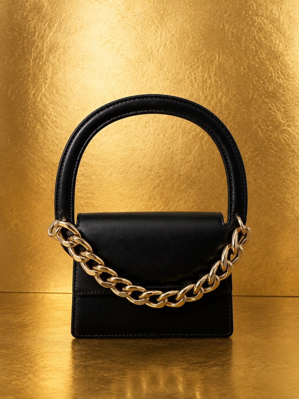 Black Leather Top-Handle Bag with Gold Chain